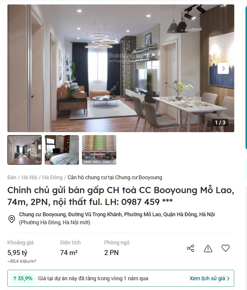 Giá bán một căn hộ 2PN tại dự án Booyoung Vina đang rao trên Batdongsan.com.vn