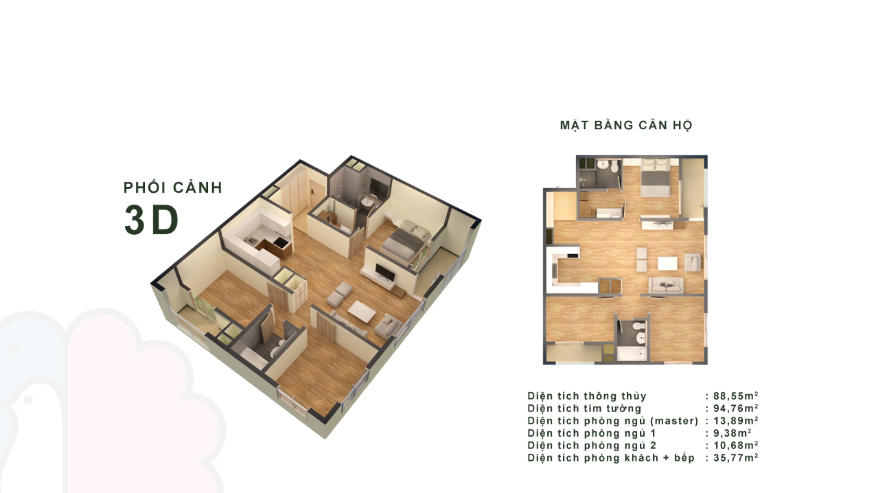Thiết kế chi tiết căn hộ 2 phòng ngủ Booyoung Mỗ Lao