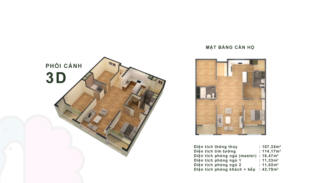 Thiết kế chi tiết căn hộ 3 phòng ngủ Booyoung Mỗ Lao